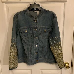 Chico’s Platinum Gold Sequin Long Sleeve Artsy Funky Denim Jacket SZ 2/L 12